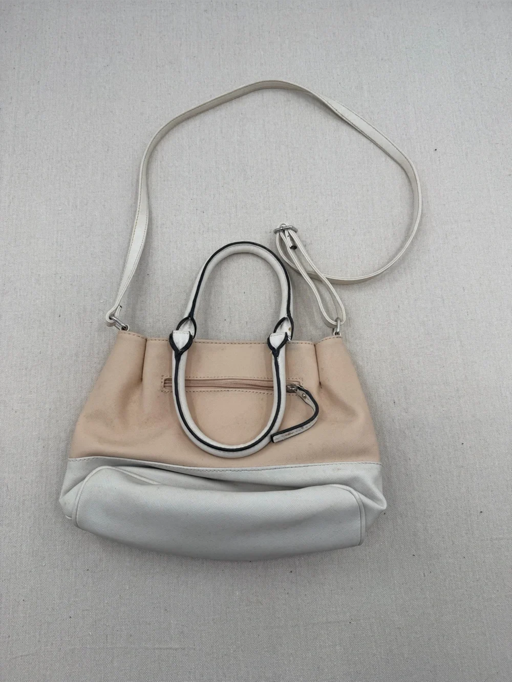 Nicole Miller Beige and White Leather Satchel with Long Strap